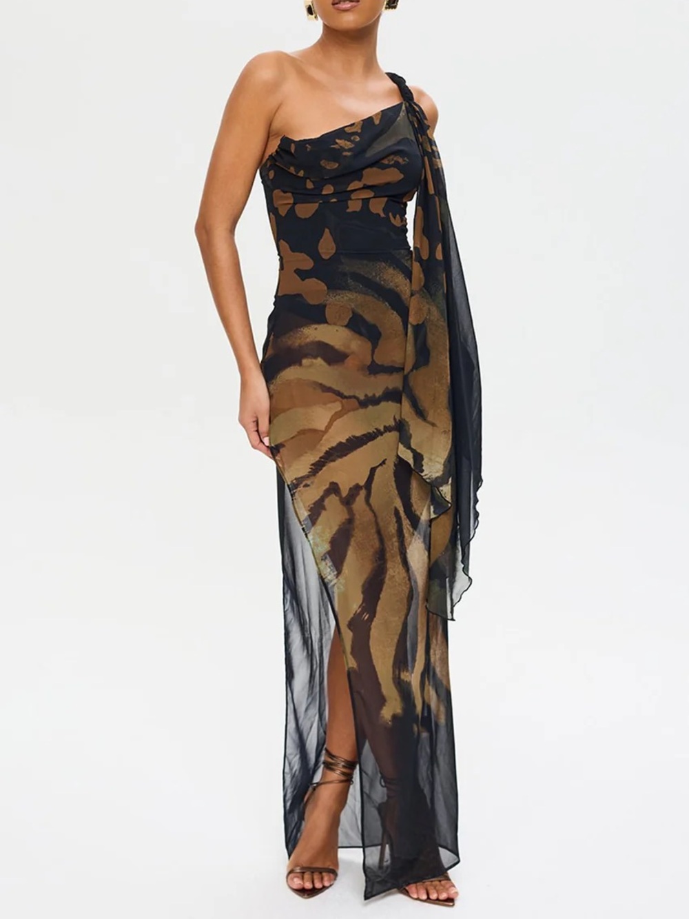 One-Shoulder Black and Brown Printed Sheer Evening Gown